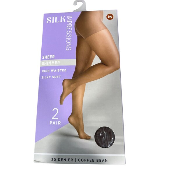 Silk Impressions Sheer Shimmer Pantyhose Size Medium 2 Pair Coffee Bean NEW - Picture 1 of 7